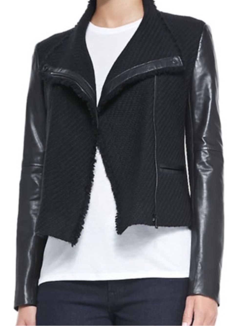 Vince Black Mixed-Media Leather-Sleeve Moto Jacket
